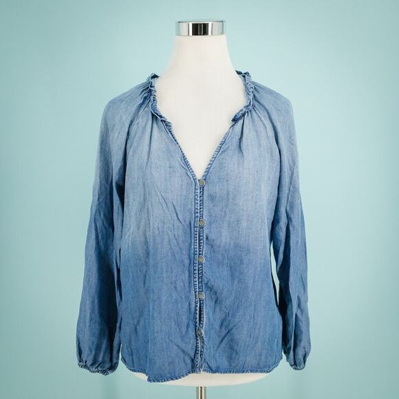 Cloth & Stone Anthropologie Size Small S Chambray Split V Neck Button Tencel Top - Picture 1 of 6